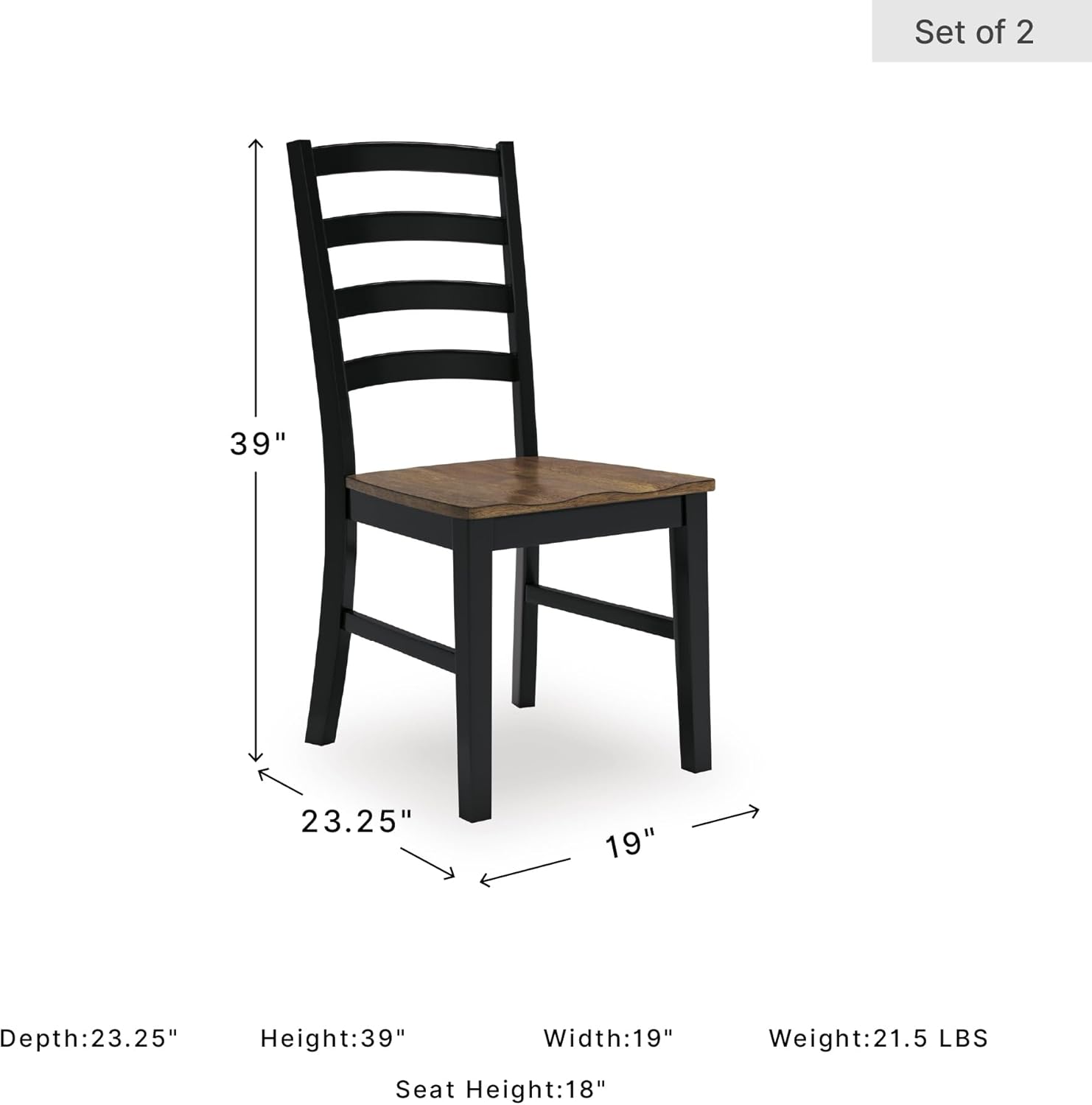 Signature Design by Ashley Wildenauer Dining Chairs Set of 2, Modern Ladderback Dining Chairs with Solid Wood Frame, Two-Tone Finish, Contoured Seat, Black/Brown