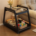 Movable Sofa Side Table with Glass, 2 Tier End Table with Wheels, Small Table with Storage Shelf, Couch Table for Small Spaces, Bedroom, Living Room, Entryway(Black)