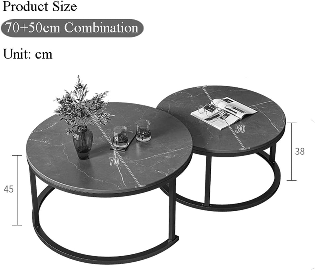 Nesting Coffee Tables Set of 2 Furniture Round Living Room Table Sets Side Tables for Bedroom with Top and Black Metal Frame(F)
