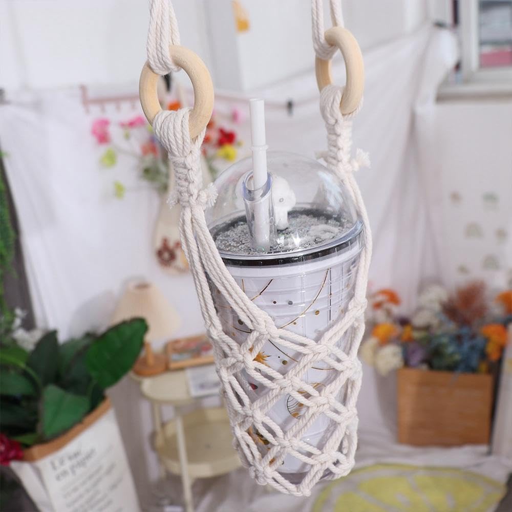 Hanging Water Bottle Net Bag Cotton Carrier with Hooks Portable Storage Holder for Wine Bottles DIY Accessories(white)