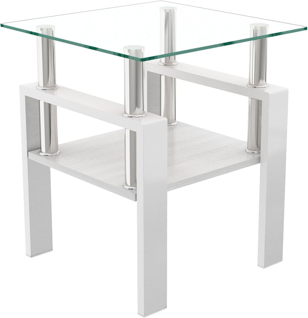2-piece Set Modern Tempered Glass Side Table, Small Glass Top End Table, Square Table with Metal Frame, Suitable for Living Room and Bedroom