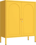 36" H Metal Sideboard Buffet Cabinet with Lockable Doors, Arched Door Design, 2 Adjustable Shelves, Cold-Rolled Steel Accent Storage Cabinet for Entryway, Living Room, Hallway Yellow