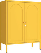 36" H Metal Sideboard Buffet Cabinet with Lockable Doors, Arched Door Design, 2 Adjustable Shelves, Cold-Rolled Steel Accent Storage Cabinet for Entryway, Living Room, Hallway Yellow