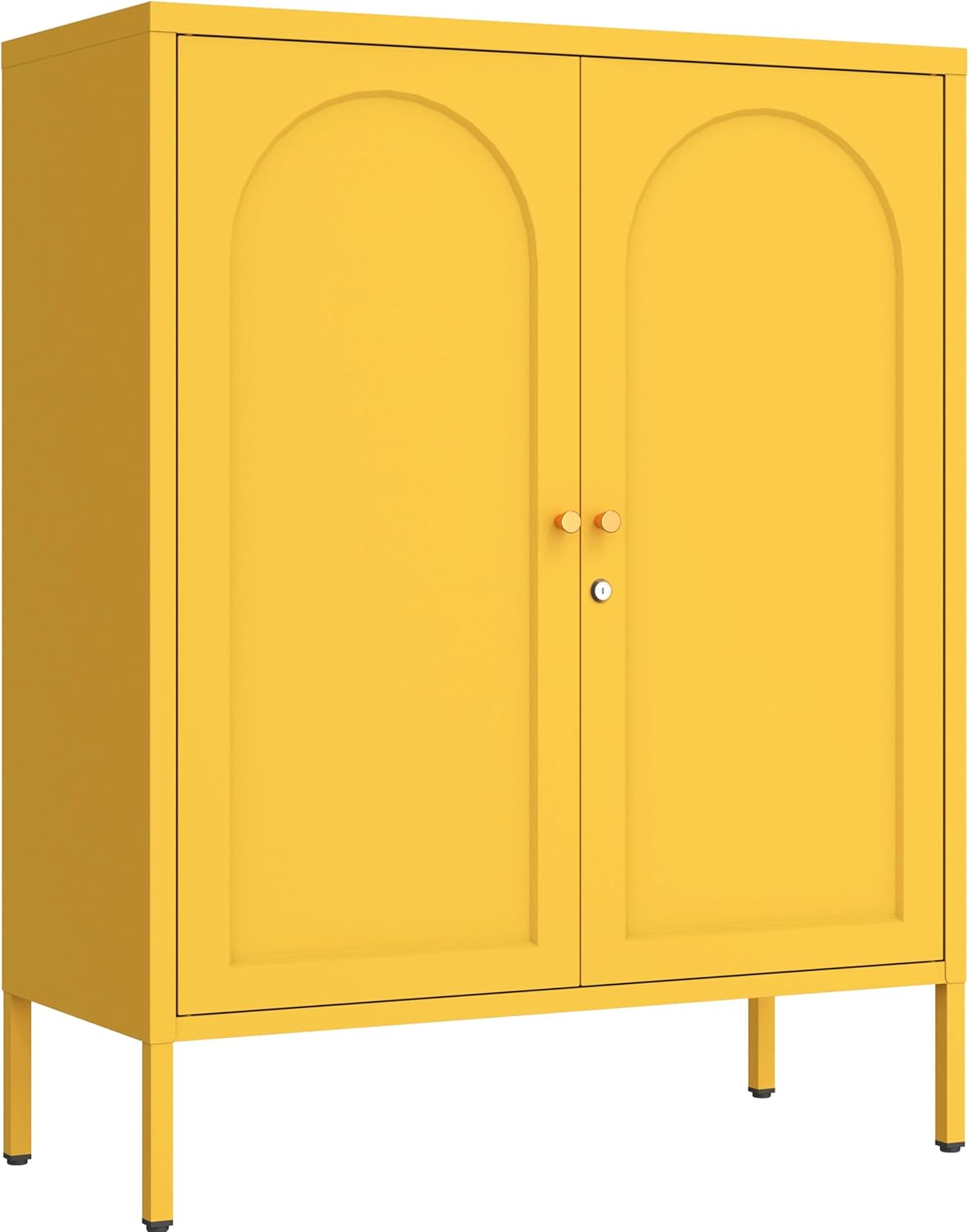 36" H Metal Sideboard Buffet Cabinet with Lockable Doors, Arched Door Design, 2 Adjustable Shelves, Cold-Rolled Steel Accent Storage Cabinet for Entryway, Living Room, Hallway Yellow