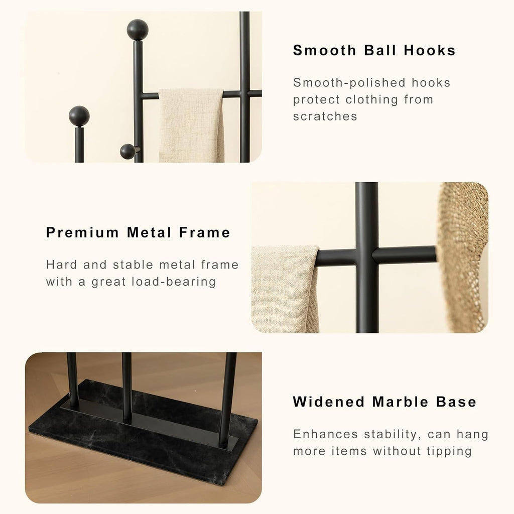 JIAYUEJU Metal Freestanding Coat Rack with Marble Base Heavy Duty Clothes Rack Coat Tree Stand Hat Rack for Corner Bedroom Entryway Living Room Hotel 19.69 x 11.02 x 68.9 Inches (Black)