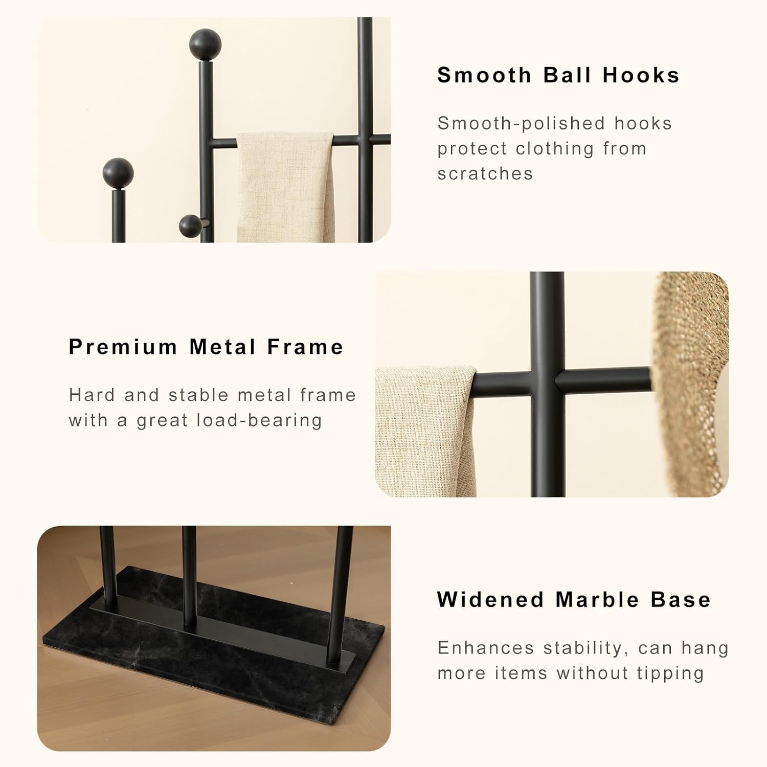 JIAYUEJU Metal Freestanding Coat Rack with Marble Base Heavy Duty Clothes Rack Coat Tree Stand Hat Rack for Corner Bedroom Entryway Living Room Hotel 19.69 x 11.02 x 68.9 Inches (Black)