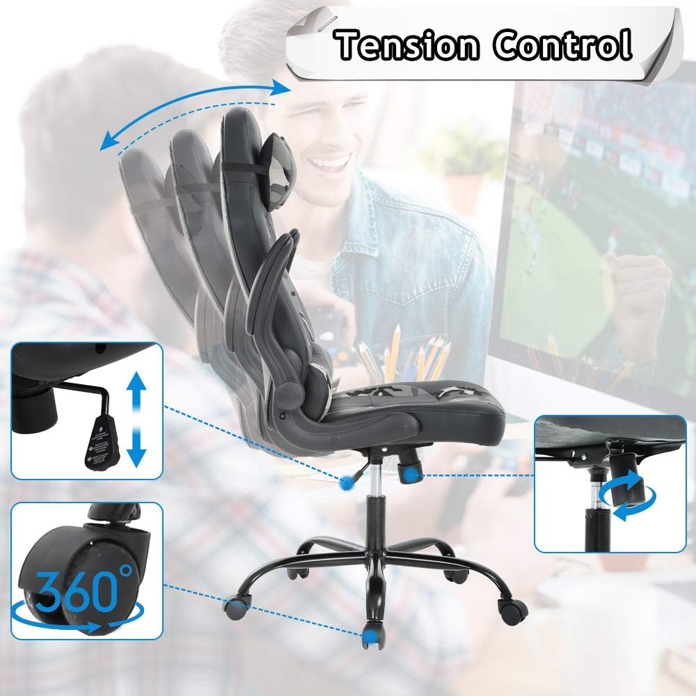 Ergonomic Gaming Office Chair - High Back Executive Computer Chair with Lumbar Support & Flip-Up Arms, PU Leather Adjustable Swivel Chair for Women/Men, Height Adjustable Massage Desk Chair (Camo)