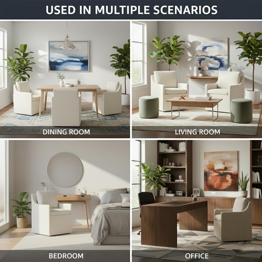 KISLOT Upholstered Dining Chairs with Casters Modern Side Armchair with Rollers for Diningroom Bedroom Livingroom Reading Room, Flax Beige, 1 Box
