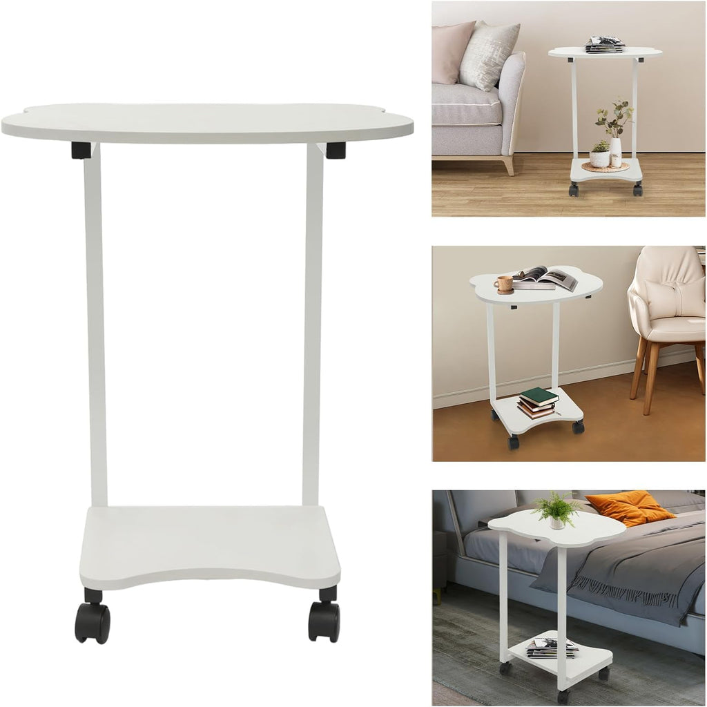 Mobile Side Table with Wheels, 2-Tier Lockable Rolling End Table for Sofa & Bedside, Modern Panda Shape C Table with Storage Shelf, for Living Room, Bedroom (White)