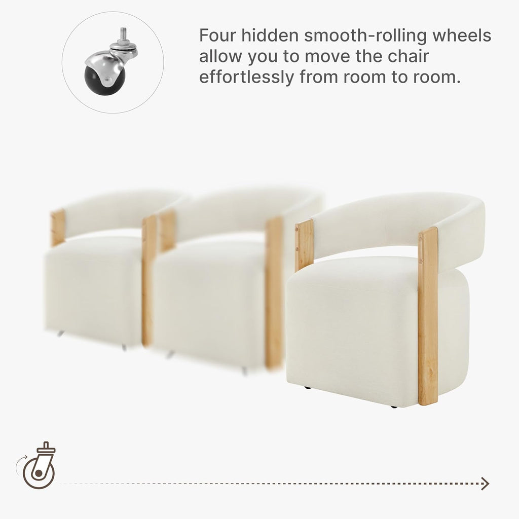 KISLOT Upholstered Dining Chairs Set of 4, Barrel Modern Dining Room Chairs with Casters, Kitchen Side Wooden Armchair with Fabric Cushion Seat for Bedroom, Livingroom, Reading Room, Beige, 4 Boxs