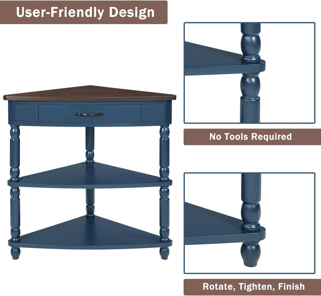 33.8" Small Triangle Corner Table, Wood Corner Side Table for Small Spaces, 3 Tier End Corner Table with Solid Wood Legs, Navy Blue