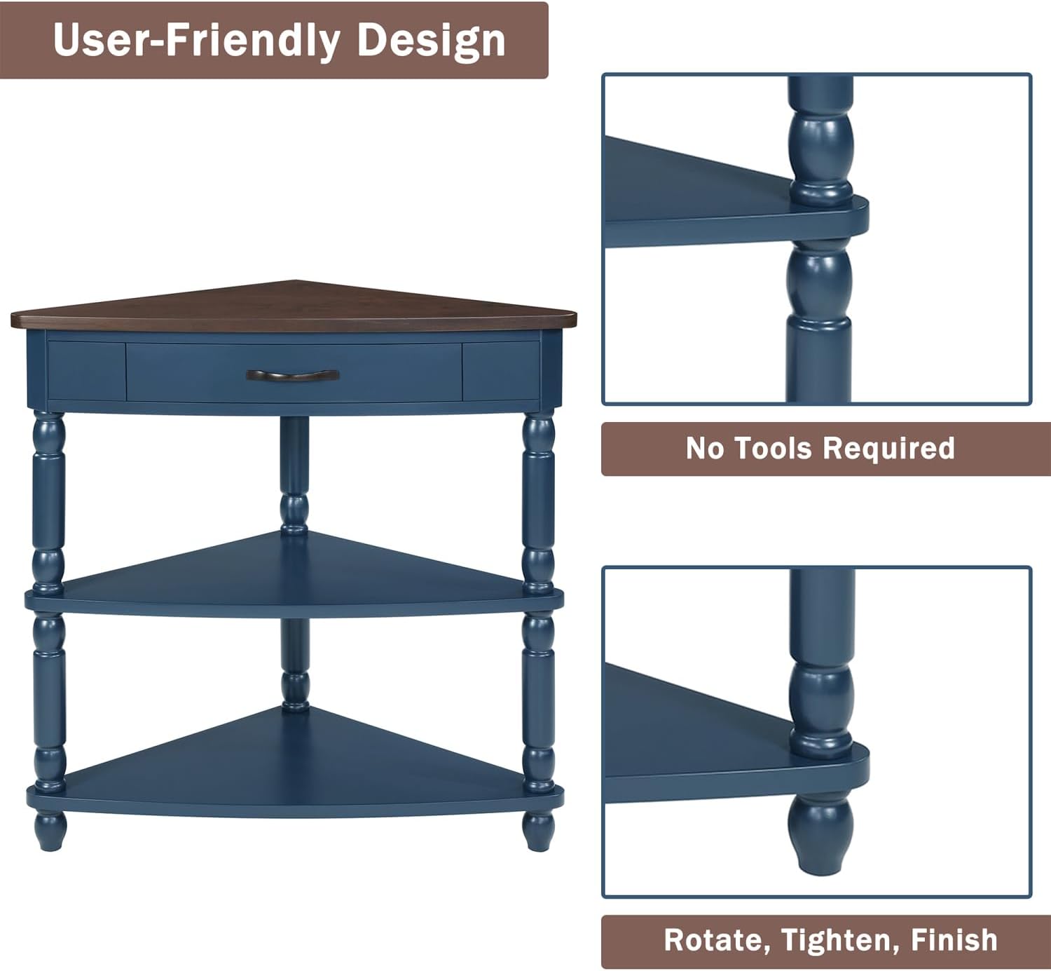 33.8" Small Triangle Corner Table, Wood Corner Side Table for Small Spaces, 3 Tier End Corner Table with Solid Wood Legs, Navy Blue