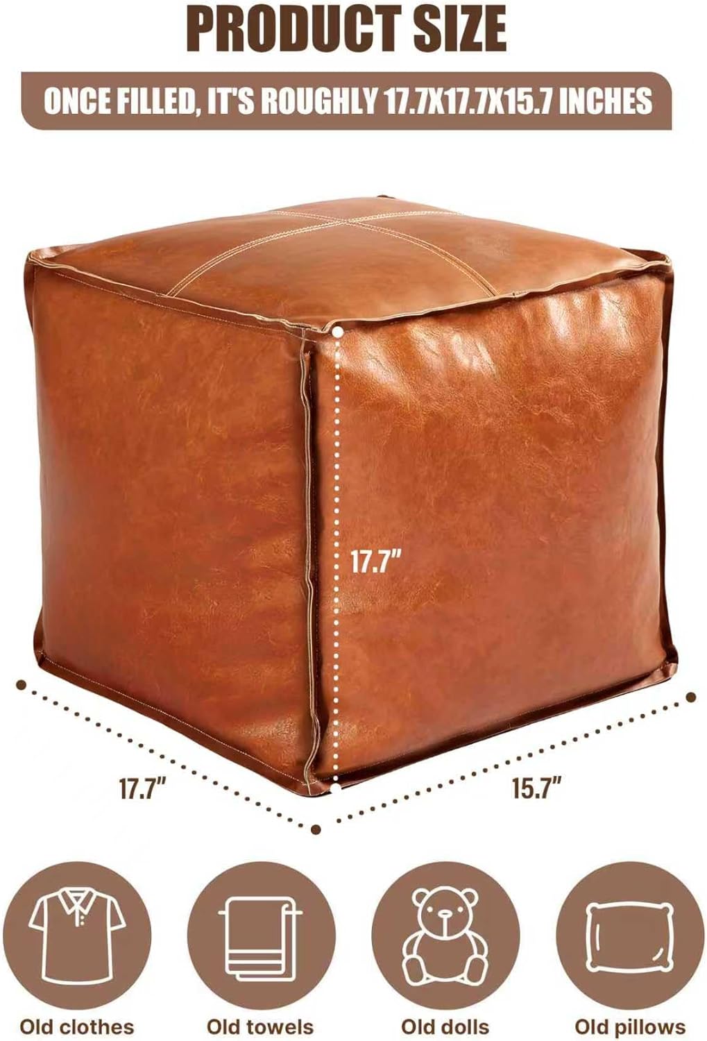 Faux Leather Unstuffed Pouf Ottoman – Square Floor Cushion Cover with Zipper Wear-Resistant & Easy to Clean Ideal for DIY Footrest or Home Storage（No Filler）