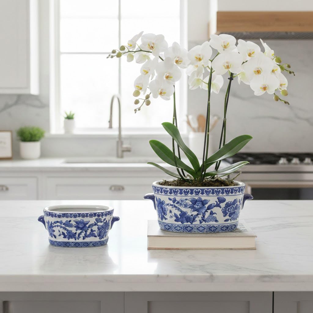 Blue and White Ceramic Planter Pot – Vintage Floral Oval Cachepot Vase for Indoor Plants, Flowers & Succulents – Glazed Chinese Porcelain Style Decorative Bowl – 7.4" or 10.6" Size – No Drainage