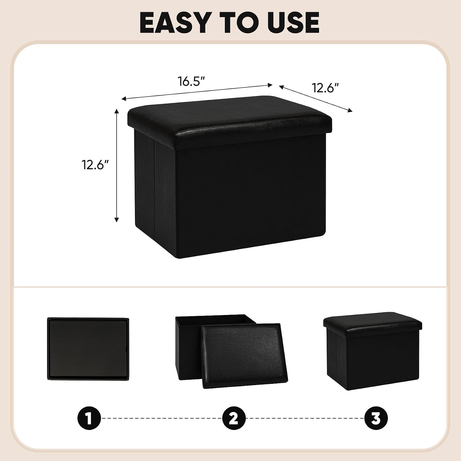 B FSOBEIIALEO Folding Storage Ottoman Cube Faux Leather Ottomans for Living Room, Bedroom, Home Office, Dorm Storage Footrest Black 16.5"x12.6"x12.6"