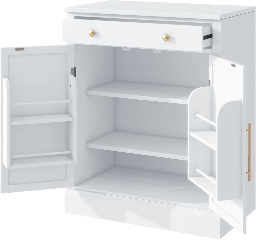 Merax 35.4" H Kitchen Pantry Storage Cabinet, Small Buffet Food Storage, Coffee Bar Cabinet with Drawer, 2 Adjustable Shelves and 2 Door Shelves for Dining, Kitchen, White