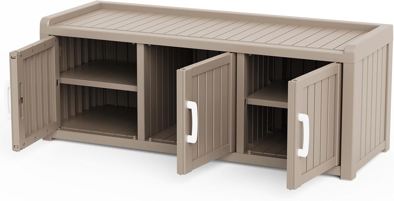 3 Doors Shoe Bench, Waterproof & UV-Resistant, Resin Shoe Cabinet Indoor & Outdoor Use, Entryway Bench with Adjustable Shelves & Hidden Storage Space for Bedroom, Hallway, Grey