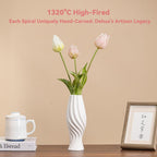 White Ceramic Torch Vase with Spiral Design - 8.8" Unique Flower Vase for Pampas Grass & Centerpieces, Decorative Boho/Farmhouse Vase for Living Room, Office Desk & Gift for Her/Yourself