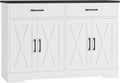 HOSTACK Buffet Cabinet with Storage, 47.2" Kitchen Sideboard Buffet with Drawers, Modern Farmhouse Coffee Bar Station with Shelves, Barn Doors Storage Cabinet for Living Room, White/Black