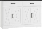 HOSTACK Buffet Cabinet with Storage, 47.2" Kitchen Sideboard Buffet with Drawers, Modern Farmhouse Coffee Bar Station with Shelves, Barn Doors Storage Cabinet for Living Room, White/Black