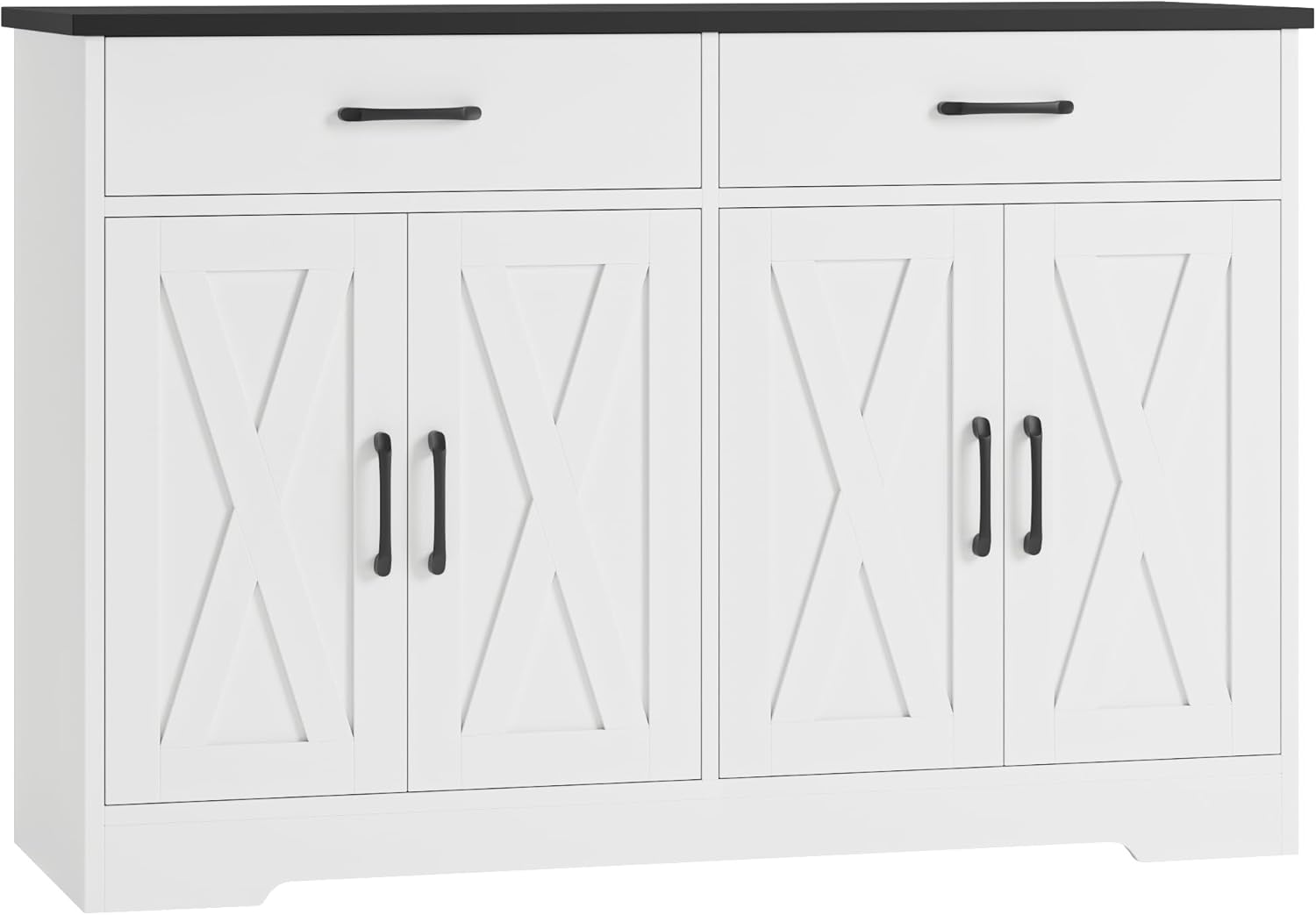HOSTACK Buffet Cabinet with Storage, 47.2" Kitchen Sideboard Buffet with Drawers, Modern Farmhouse Coffee Bar Station with Shelves, Barn Doors Storage Cabinet for Living Room, White/Black