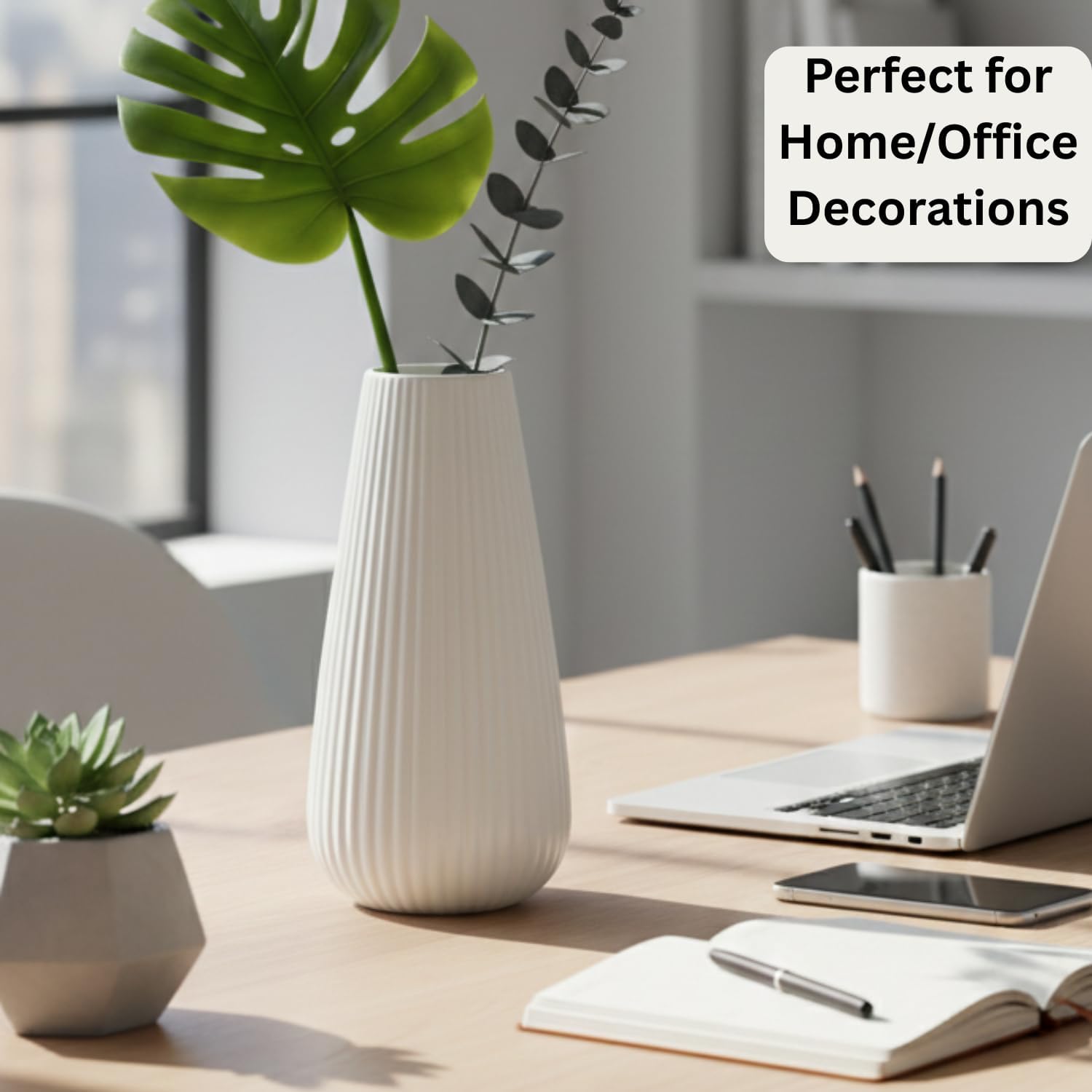 Luxury White Ceramic Vase, 8 Inch Modern Ribbed Fluted Design, Flower Vase for Home Decor, Cute Vase for Pampas Grass, Living Room, Dining Table, Farmhouse, Office, Bedroom, Kitchen Shelf