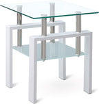 1PC Glass End Table - Modern Two Tiered Clear Nightstand Side Tables, Square Tempered Glass Table with White Metal Frame for Living Room or Bedroom 17.72" x 17.72" x 20.47"H