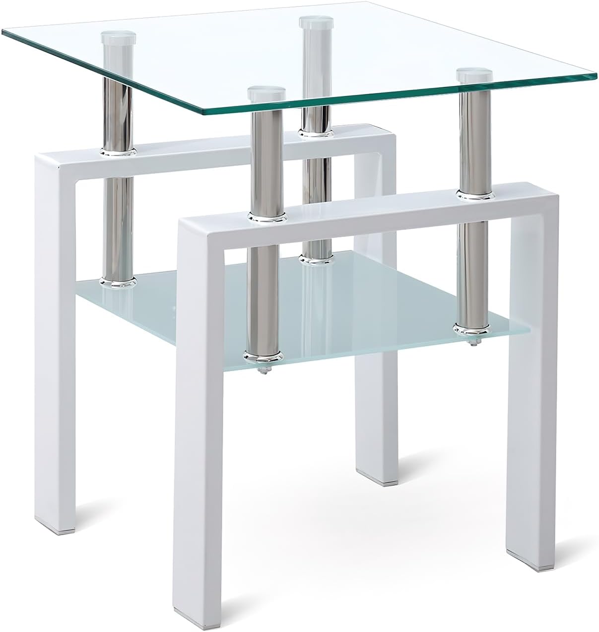1PC Glass End Table - Modern Two Tiered Clear Nightstand Side Tables, Square Tempered Glass Table with White Metal Frame for Living Room or Bedroom 17.72" x 17.72" x 20.47"H