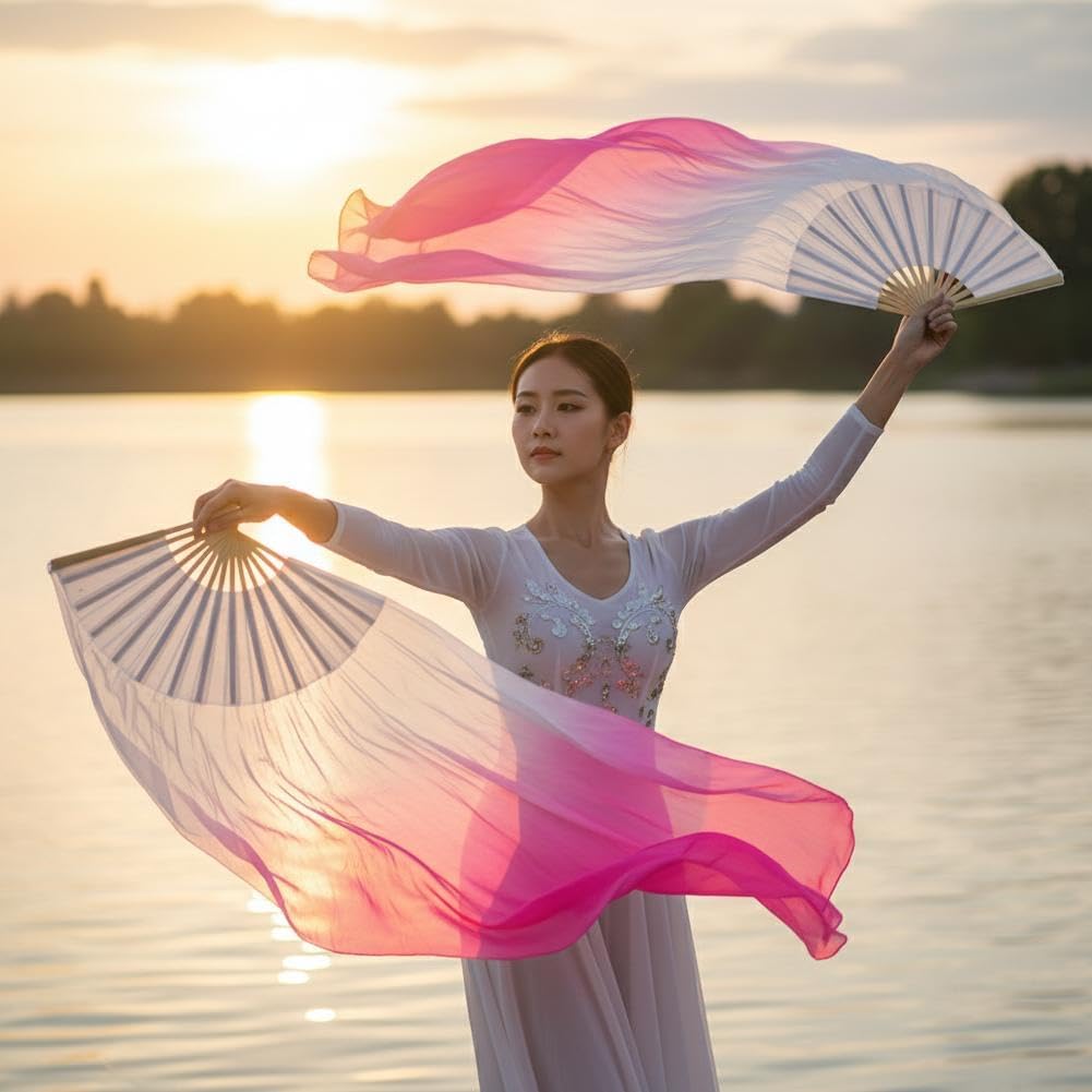1 Pair Dance Fans for Belly Dance,Bellydance Faux Silk Veil Fan,Handmade FauxSilk Fan Colorful Long Streamers VeilFan,1.2m Artificial Silk Bamboo Foldable Fans,for Dancing Performances