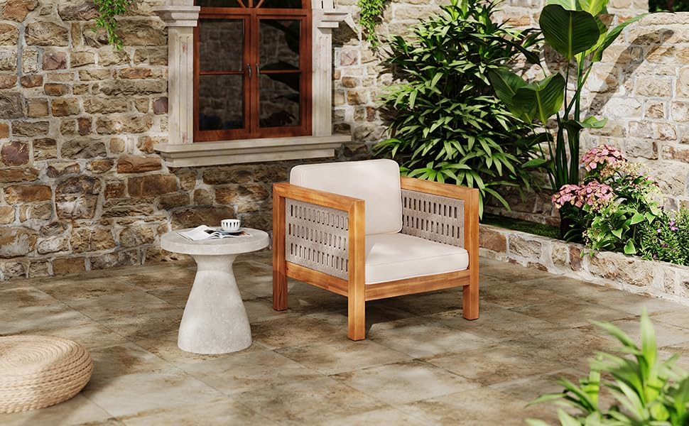 Outdoor Club Chair Set of 2 — Acacia Wood Frame, Wicker Armrests & Beige Cushions, 400 lbs Capacity, for Patio Garden Backyard