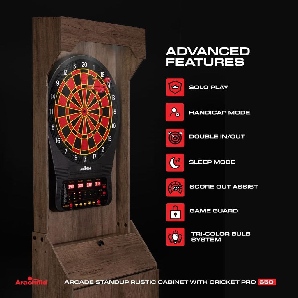 Arachnid Rustic Wood Cabinet: Freestanding LED Unit with E650 Electronic Board. Features 33 Games, 303 Variations, and 8-Player Scoring. Includes 6 Darts and Accessories for a Complete Setup.