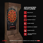 Arachnid Rustic Wood Cabinet: Freestanding LED Unit with E650 Electronic Board. Features 33 Games, 303 Variations, and 8-Player Scoring. Includes 6 Darts and Accessories for a Complete Setup.