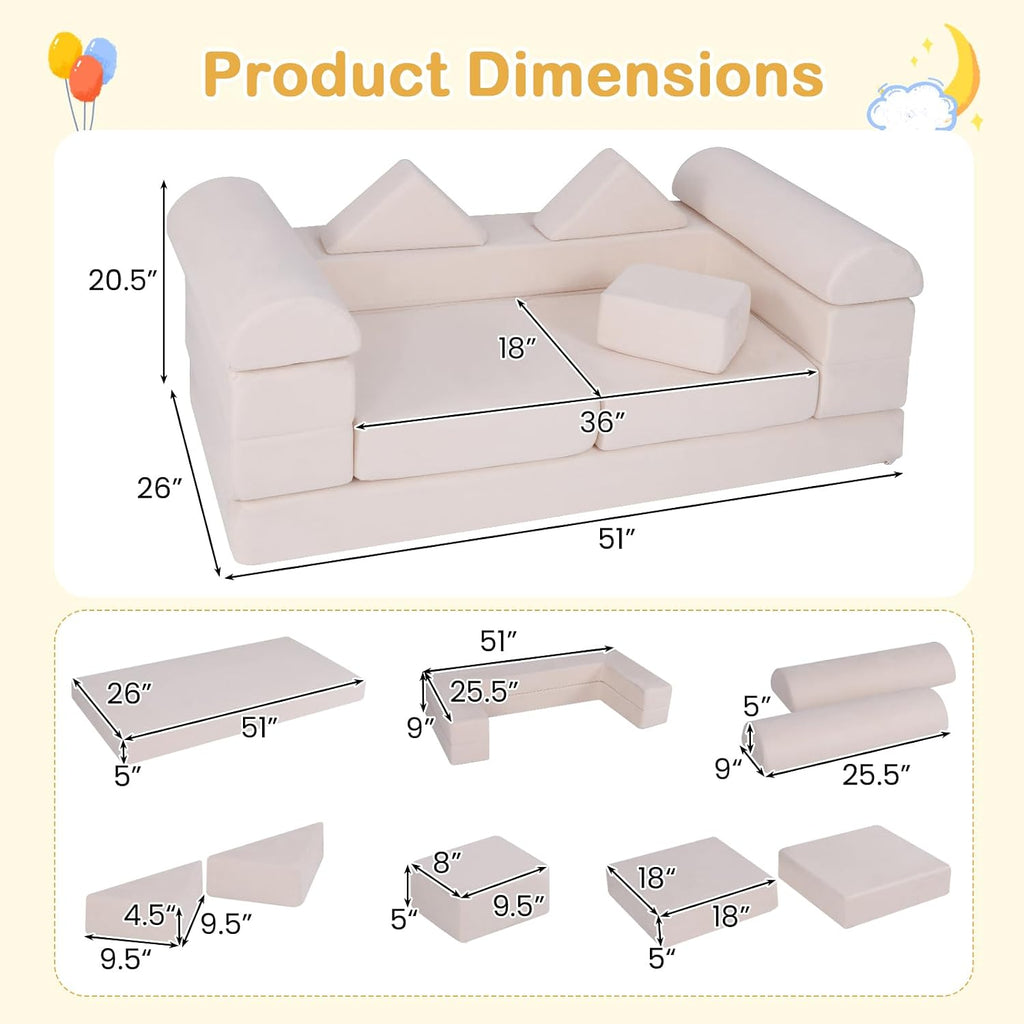 Costzon 9 Pcs Kids Play Couch, Versatile Building Fort Foam Play Couch for Boys & Girls, Crawling Floor Sofa for Sleeping, Convertible Soft Foam Playset for Kids Teen Playroom Bedroom Gifts