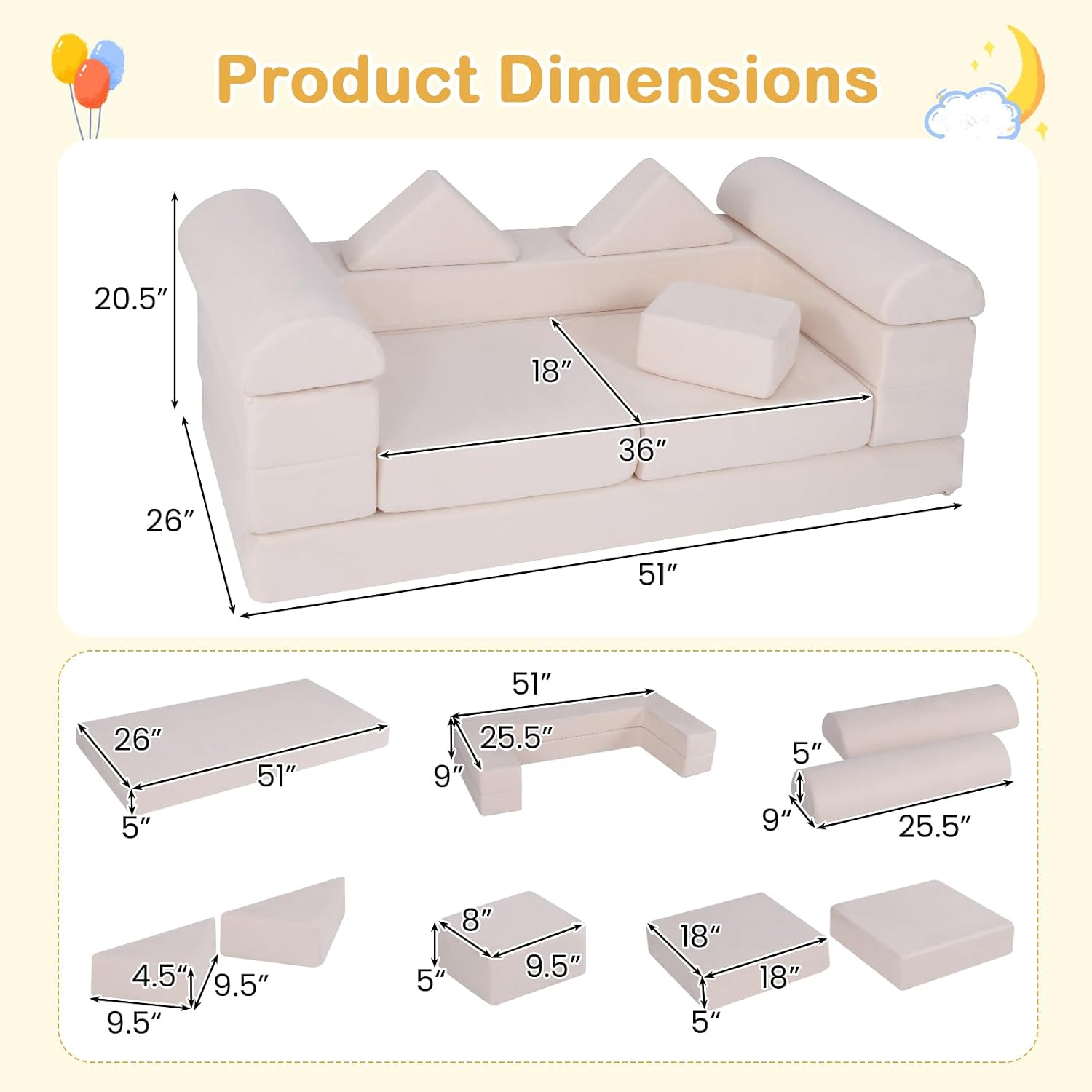 Costzon 9 Pcs Kids Play Couch, Versatile Building Fort Foam Play Couch for Boys & Girls, Crawling Floor Sofa for Sleeping, Convertible Soft Foam Playset for Kids Teen Playroom Bedroom Gifts