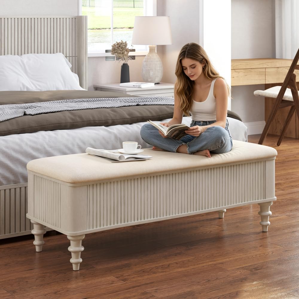 50.8-inch Multi-Functional Storage Ottoman Bench-Solid Rubberwood Bed End Bench with Linen Seat, Storage Bench for Bedroom, Entryway Shoe Organizer,Walnut (Beige + Rubber Wood + Linen)