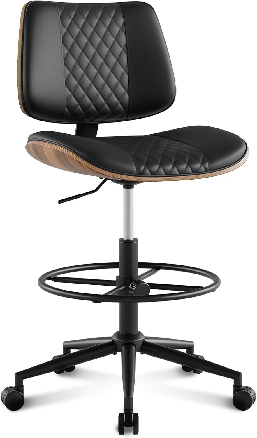Drafting Chair with Adjustable Footrest, Armless Modern Tall Office Chair for Standing Desk, PU Leather Swivel Stool in Curved Bentwood Style, Ergonomic Rolling Walnut Chair for Office(Black)