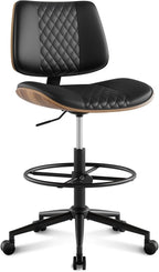 Drafting Chair with Adjustable Footrest, Armless Modern Tall Office Chair for Standing Desk, PU Leather Swivel Stool in Curved Bentwood Style, Ergonomic Rolling Walnut Chair for Office(Black)