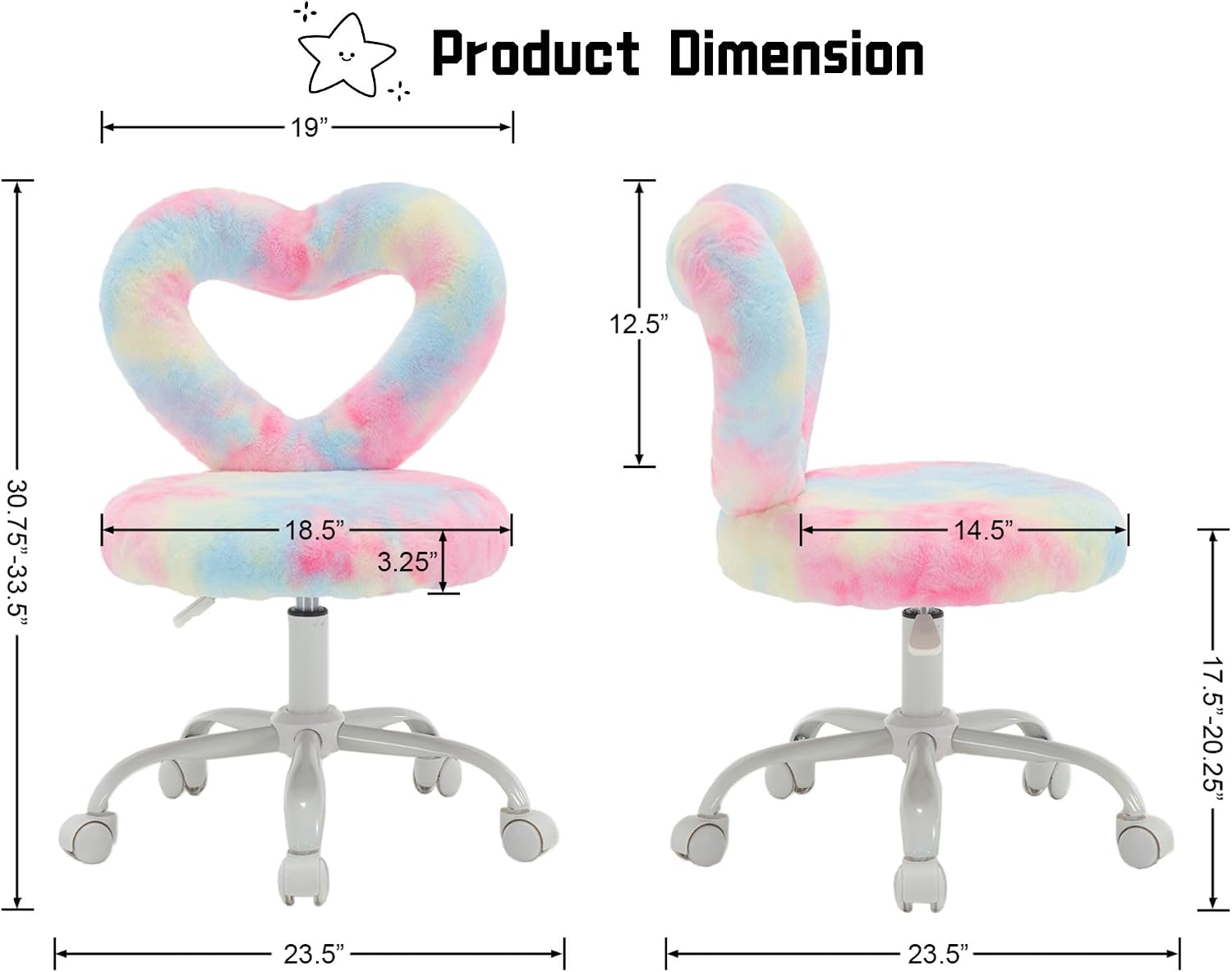 HNY Kids Desk Chair with Wheels, Cute Furry Vanity Chair with Hollowed Heart-Shape Back Adjustable Rolling Computer Study Task Chair for Girls, Fluffy Faux Fur Kids Swivel Chair for Bedroom, Colorful