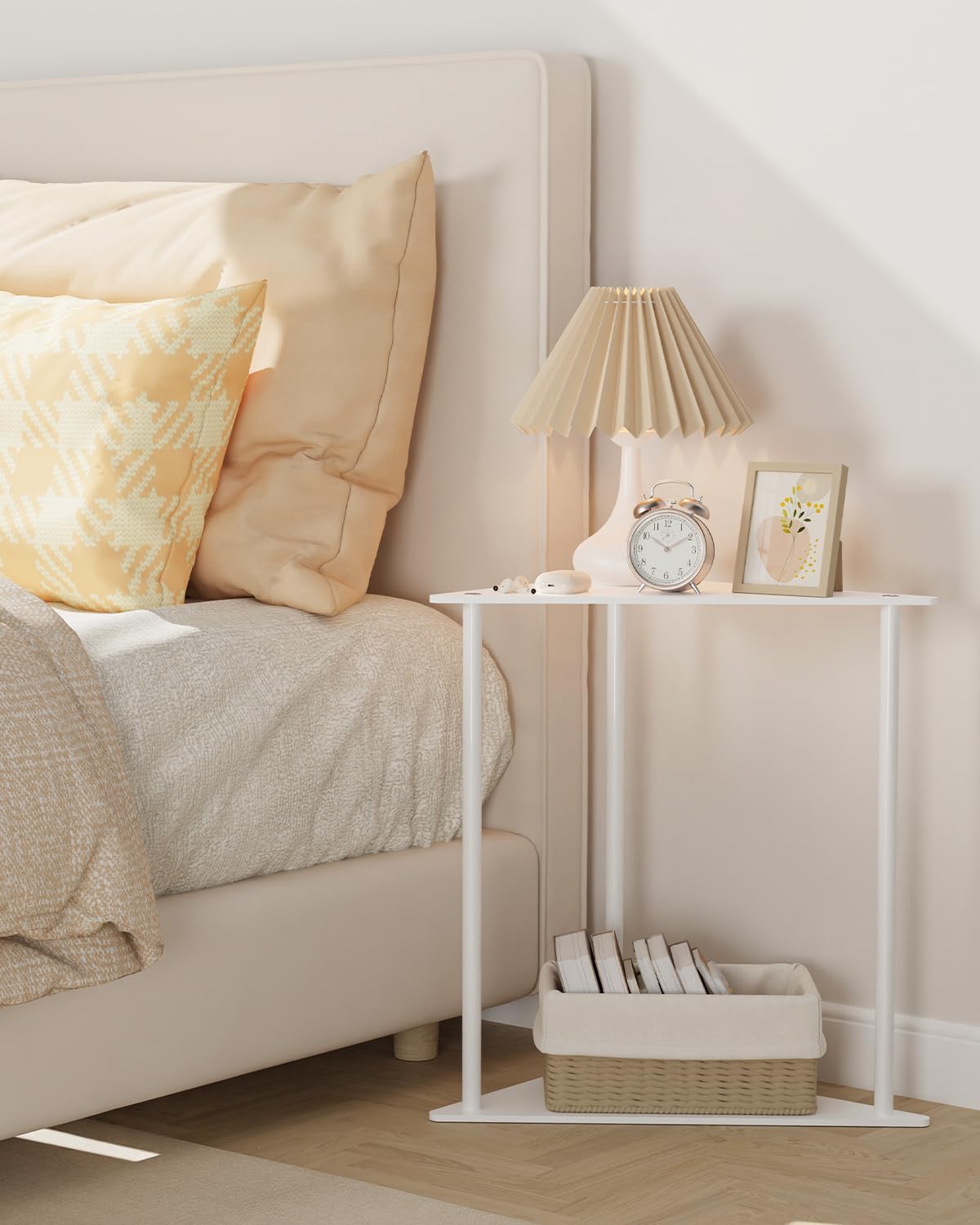 Yawinhe Metal Side Table,Small End Table with 2-Tier Storage Shelves,Coat Rack,Sturdy Wooden Stand Tree with 8 Hooks