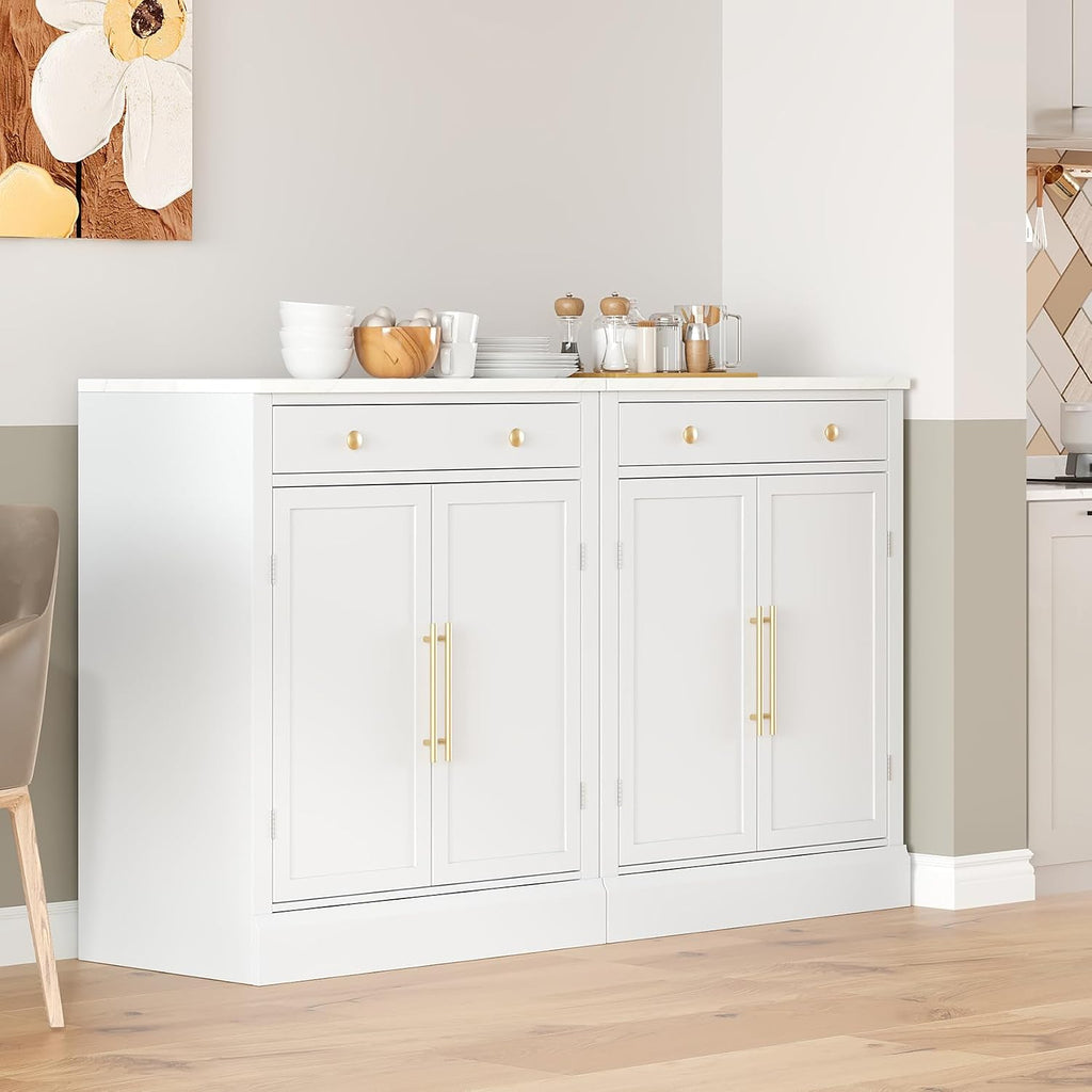 Small Pantry Cabinet with Drawer, Kitchen Storage Cabinet with 2 Adjustable Shelves and 2 Door Shelves, Farmhouse Kitchen Hutch Cabinet Buffet Sideboard Food Storage, White Set of 2