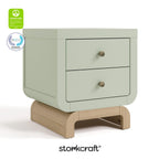 Storkcraft Santorini 2 Drawer Nightstand, Sage & Driftwood | GREENGUARD Gold Certified Nightstand for Kids Bedroom, Premium Wood with Curved Base, “Champagne” Metal Knobs