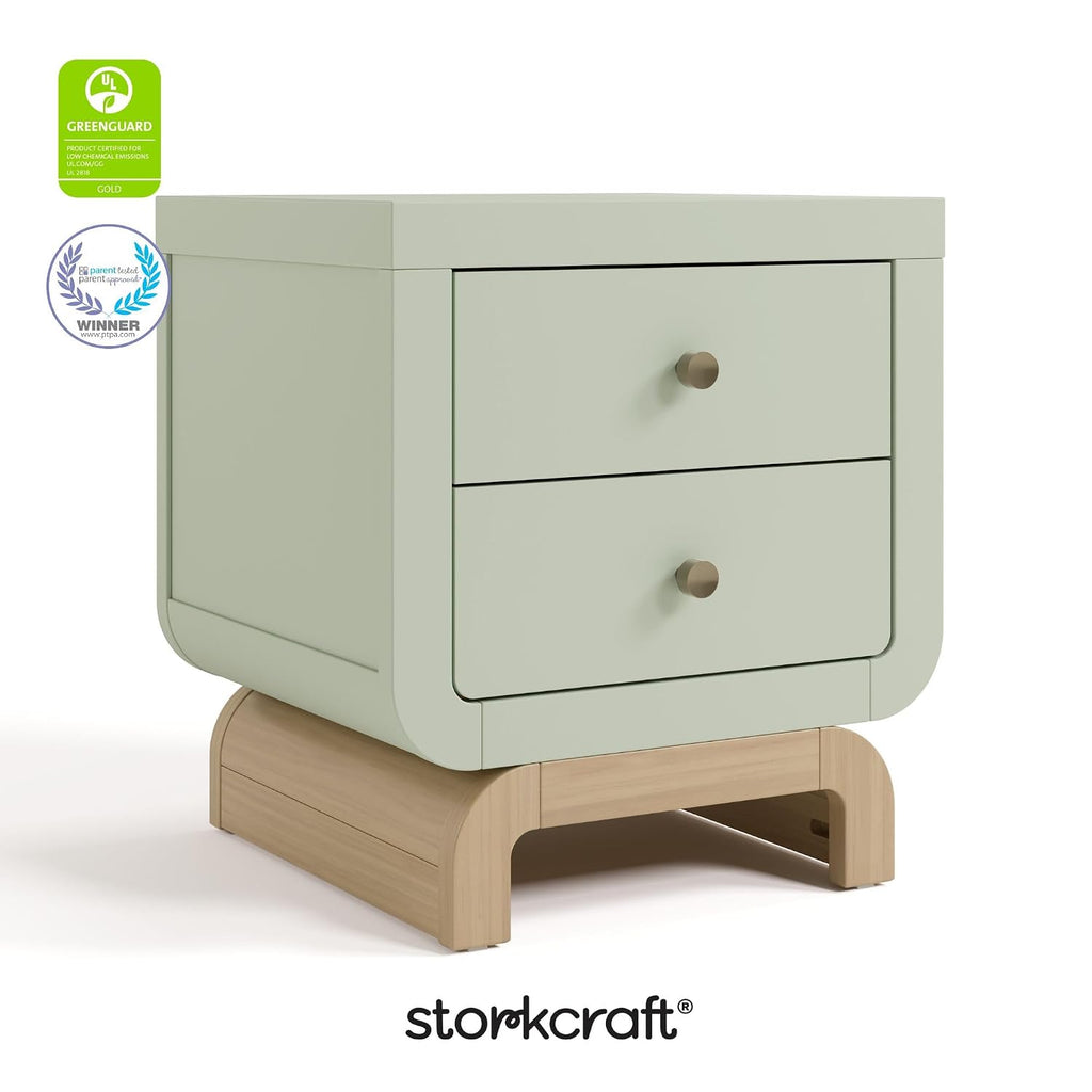Storkcraft Santorini 2 Drawer Nightstand, Sage & Driftwood | GREENGUARD Gold Certified Nightstand for Kids Bedroom, Premium Wood with Curved Base, “Champagne” Metal Knobs