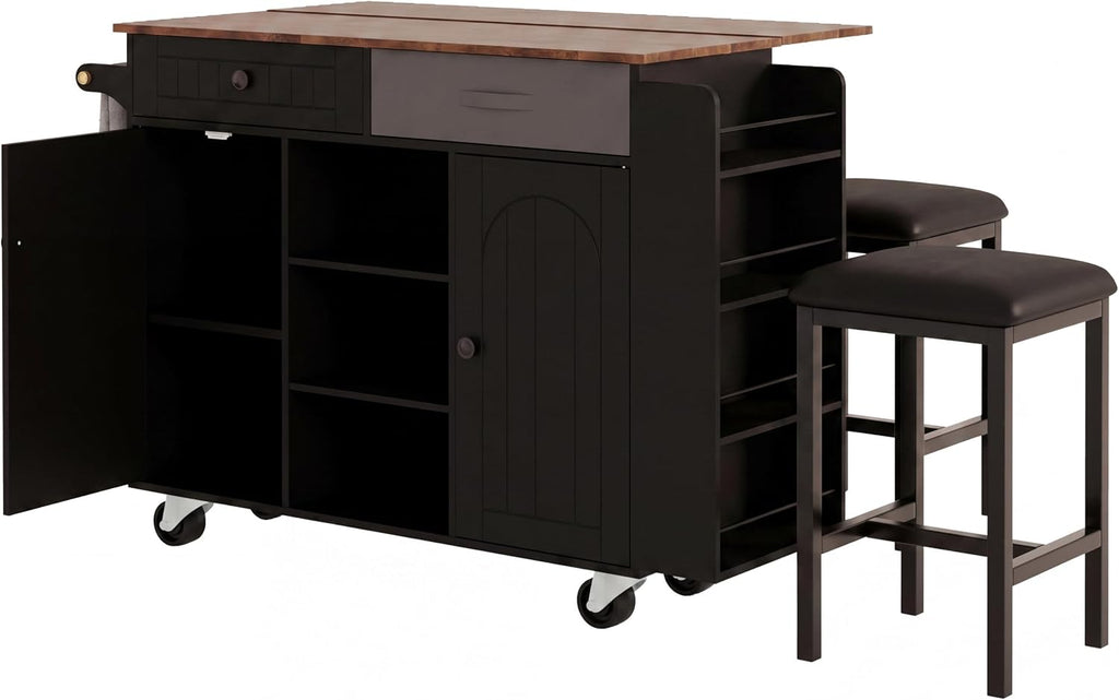 53" Length and 27.5" Width Rolling Kitchen Island with Storage, Portable Kitchen Island with Seating (Set of 2), Drop Leaf and 5 Wheels, Black