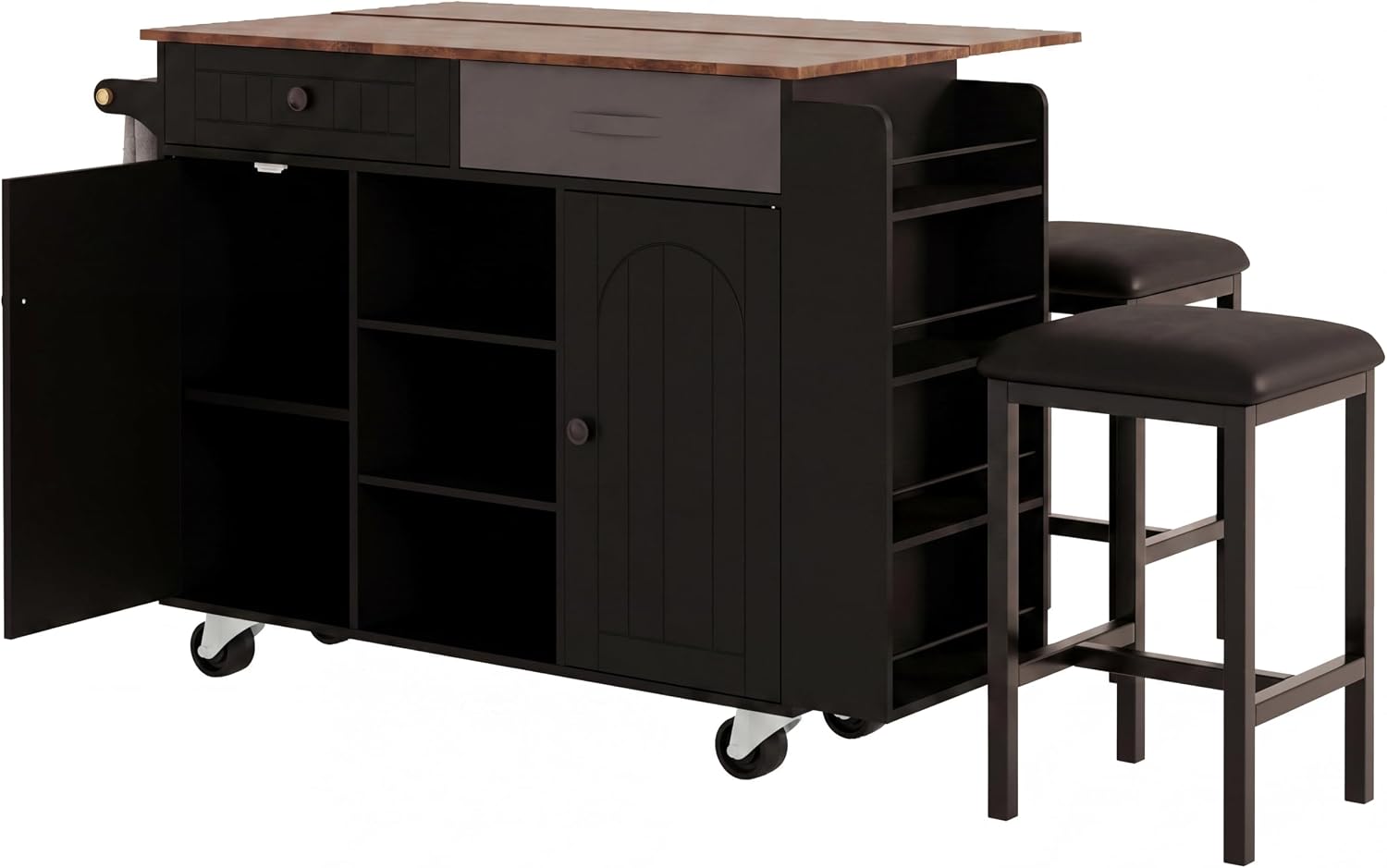 53" Length and 27.5" Width Rolling Kitchen Island with Storage, Portable Kitchen Island with Seating (Set of 2), Drop Leaf and 5 Wheels, Black