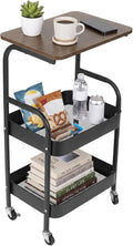 ZALIR 3 Tier Metal Rolling Utility Cart, Movable Storage Trolley with Wooden Table Top, Lockable Wheels, Multifunctional Organizer for Kitchen, Bathroom, Living Room & Bedroom (Black)