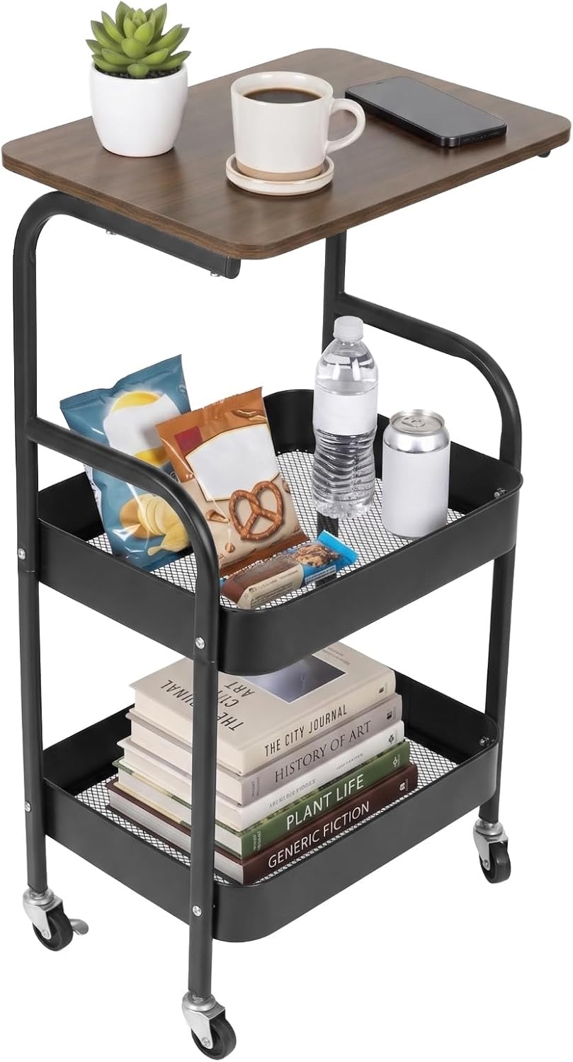 ZALIR 3 Tier Metal Rolling Utility Cart, Movable Storage Trolley with Wooden Table Top, Lockable Wheels, Multifunctional Organizer for Kitchen, Bathroom, Living Room & Bedroom (Black)