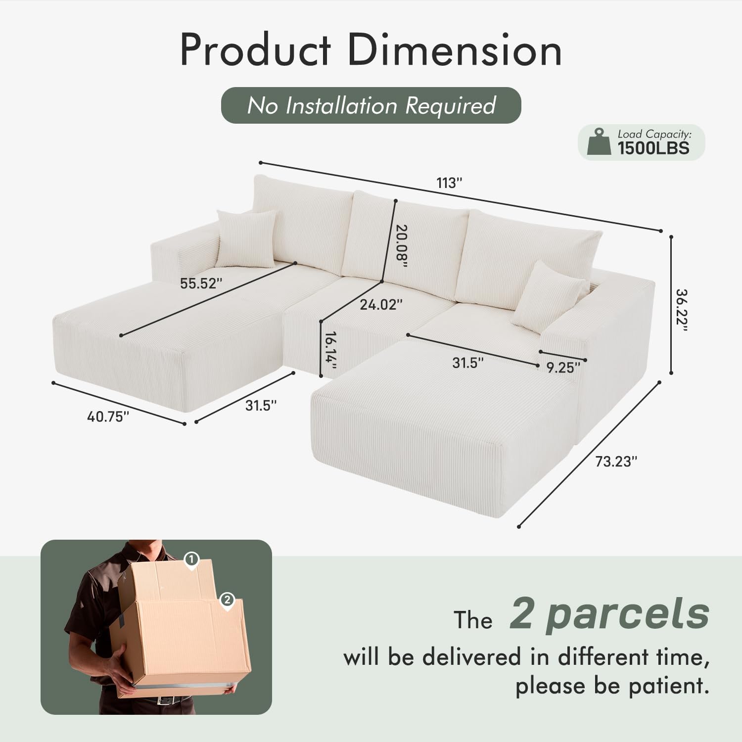 Gericco 113" Modular Sectional Couch, Cloud Boneless Sofa with Deep Seats, Upholstered Corduroy U-Shaped Sleeper Sofa with Chaise, 3-Seater Couches for Living Room, No Assembly Required, Beige