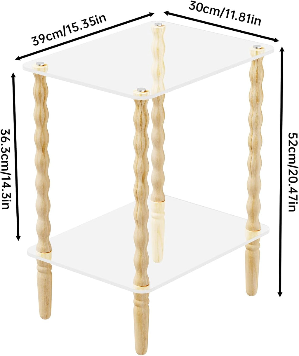 NiHome Spindle Side Table Acrylic Tabletop and Wooden Legs, 2-Tier Small End Table with Storage Shelf, Modern Wood Nightstand for Living Room, Narrow Rectangle Coffee Tables for Couch