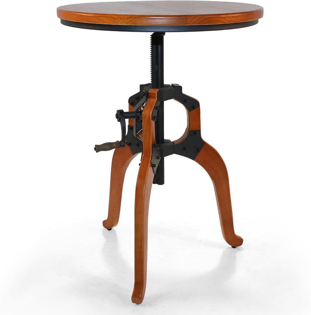 LOKKHAN Industrial Vintage Side Table, 23.62" Solid Wood Round Tabletop, 26-31.9" Height Adjustable with Lift Rocker Mechanism, Sturdy Shaft & Triangular Wood Base, Multi-Functional