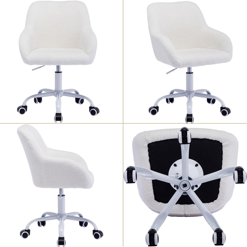 Ya-Home Kids Desk Chair Faux Fur Upholstered Swivel Reading Chair, Cute Adjustable Study Chair with White Wheels for Reading Room Bedroom, White